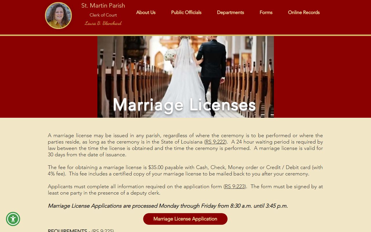 St. Martin Parish marriage records license requirements